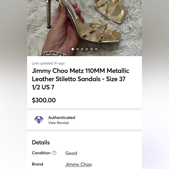 Jimmy Choo Metz 110MM Metallic Leather Stiletto Sandals - Size 37 1/2 US 7 - Picture 9 of 11